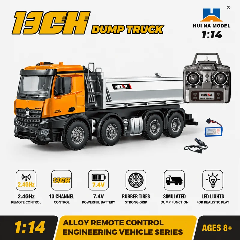 Huina 1536-1/1536pro RC Dump Truck 1/14 13CH 2.4G Remote Control Tipper Truck Alloy Dumper LED Simulation Engineering Vehicle