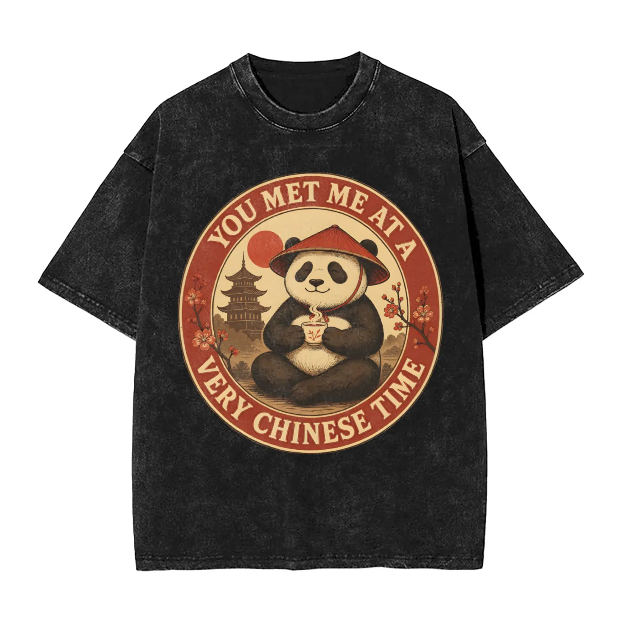 You Met Me At A Very Chinese Time Cute Panda Tea Circle Badge   Vintage Washed Tshirts Men Cotton Tops Shirts
