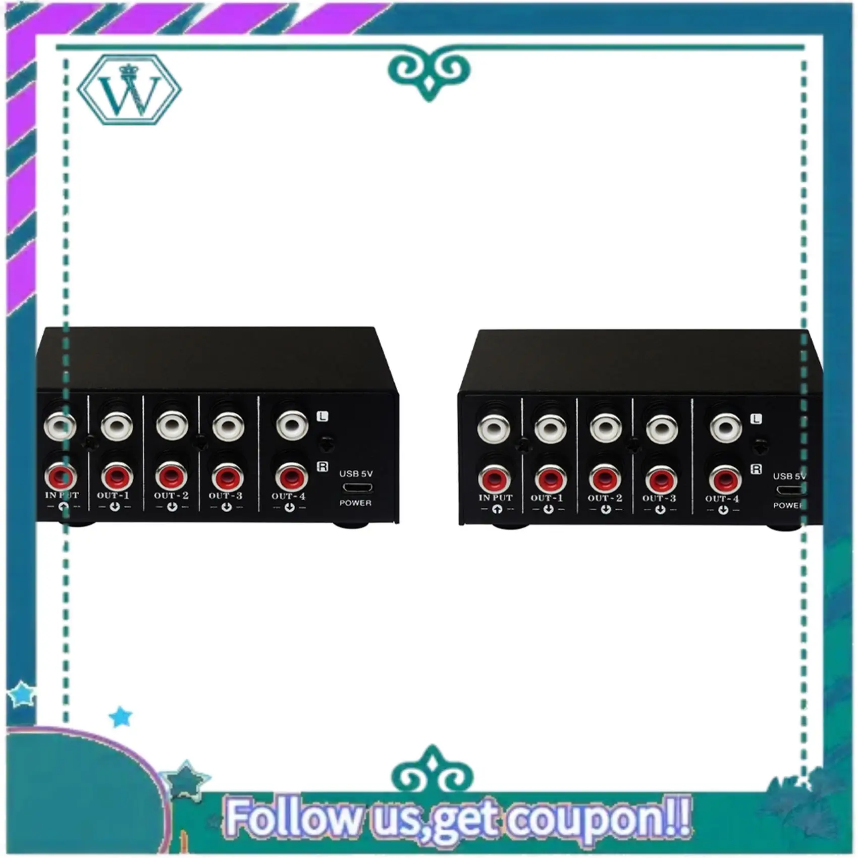 

A75Q-2X 1 In 4 Out Stereo Source Splitter Audio Frequency Signal Distribute Device Non Consumption Output RCA Interface