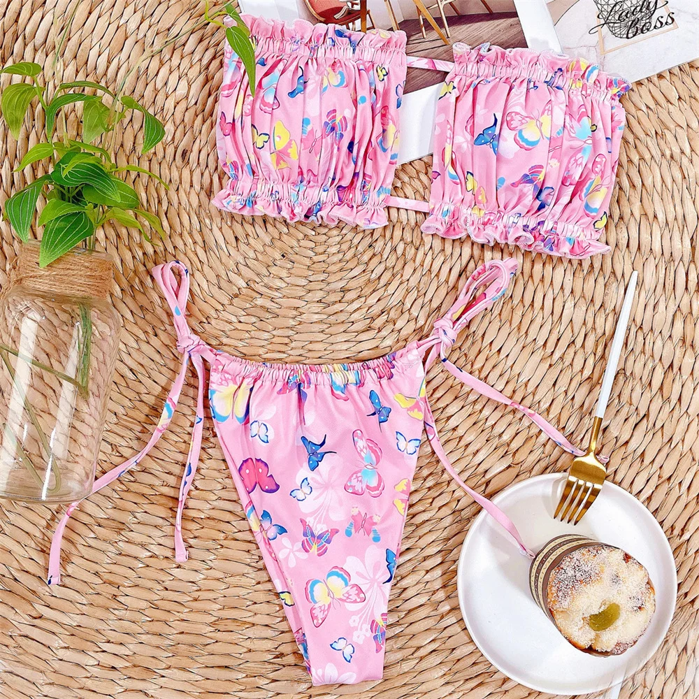 Butterfly Bikini Cute Pink Ruched Y2K Swimsuit String Lace Up Backless Vacation Swimwear Women Beach Outfit Bathing Suit Bikinis
