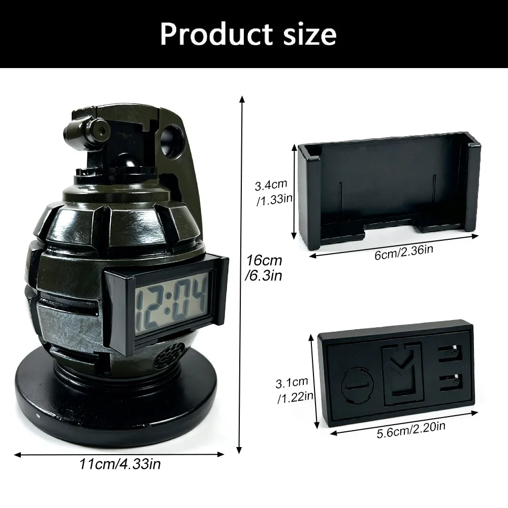 Grenade-Shaped Novelty Alarm Clock with Pull-Pin Shutoff,Loud Drill Sergeant Voice, Flashing LED Light & Vibration,5 Alarm Modes