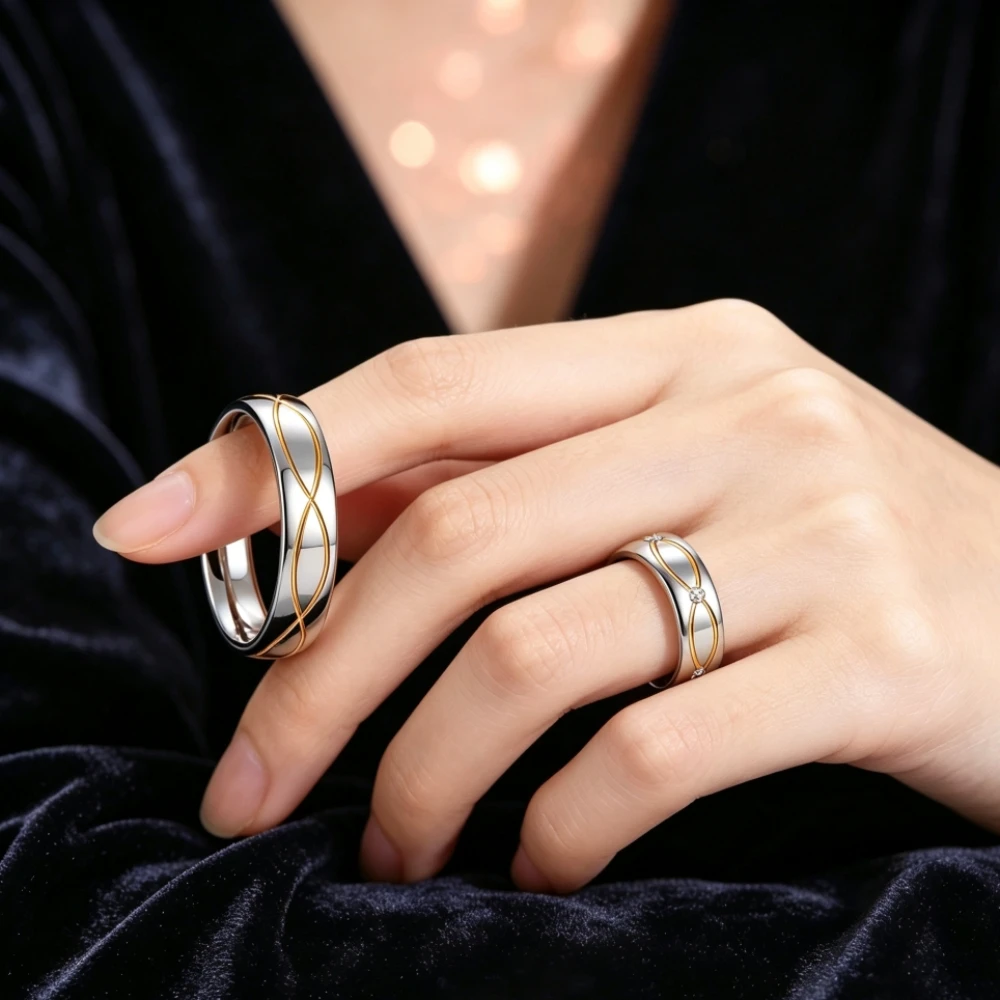 Titanfitz Two Tone Infinity Matching Engagement Promise Rings Anniversary Gift Matching Couple Rings Golden Wedding Band