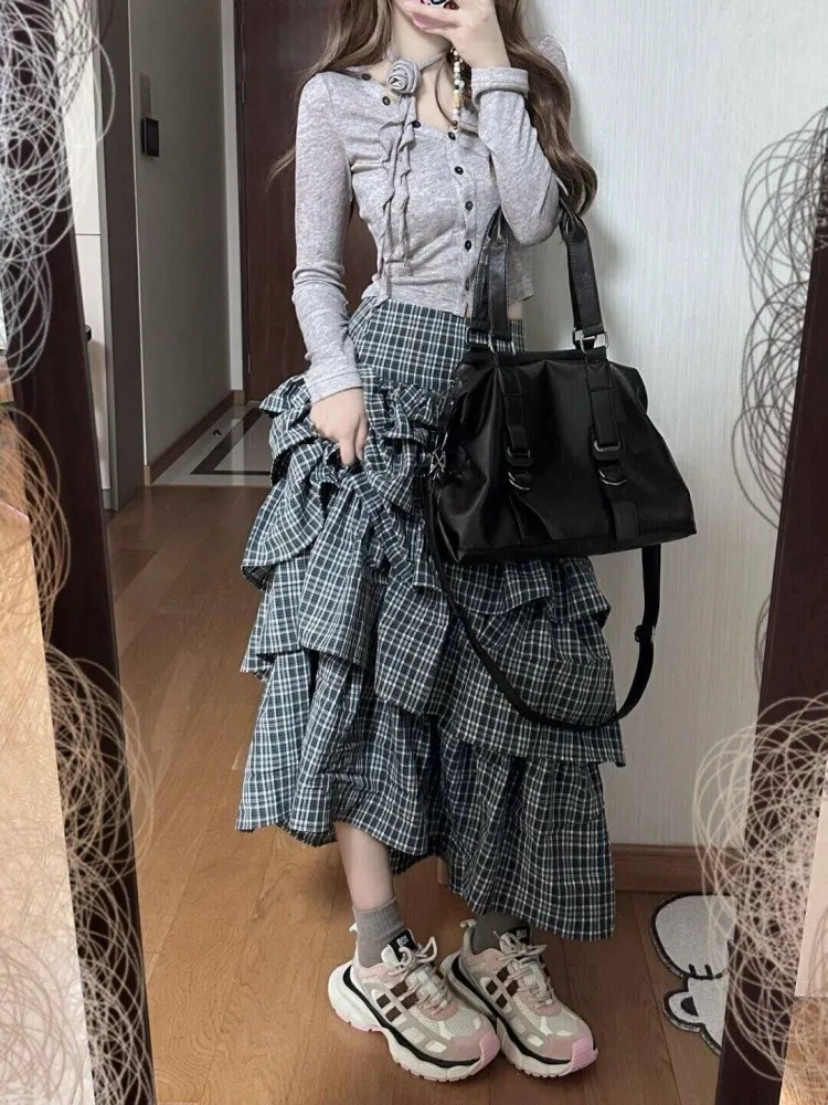 

Plus Size plus Size Women's Plaid Midi Skirt Korean Sle Spring 2024 Slimming Layered Cake Skirt for Pear Sandal Rectangular ...