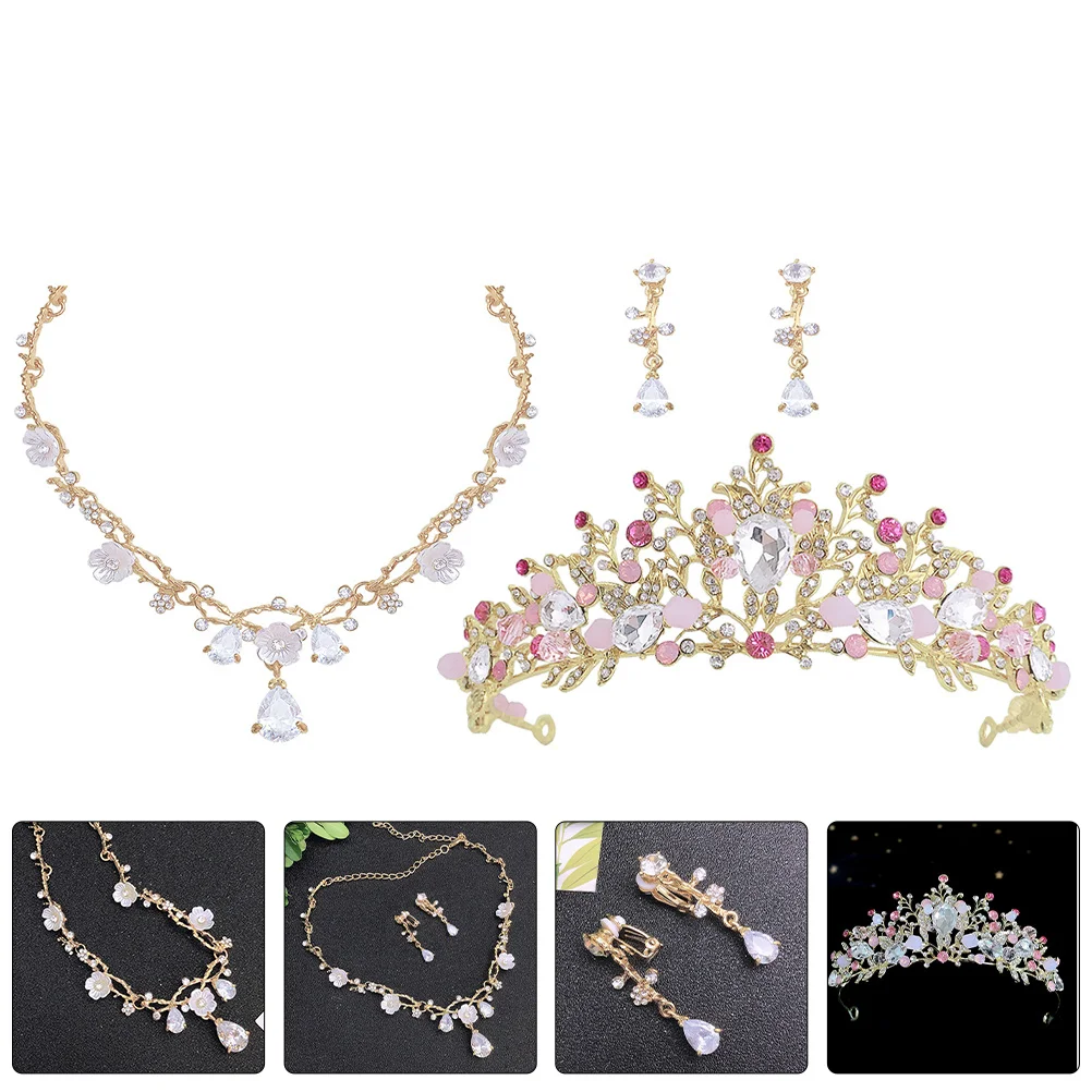 

1Set Rhinestone Birthday Crown Headband Little Girl Crown Necklace Ear Clips Earrings for Cosplay Party Tiaras for Girls