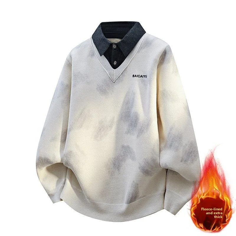 

Мужской вязаный свитер с флисовой подкладкой, утепленный, повседневный, осенне-зимний, модный, универсальный, имитация двухслойности, теплый топ