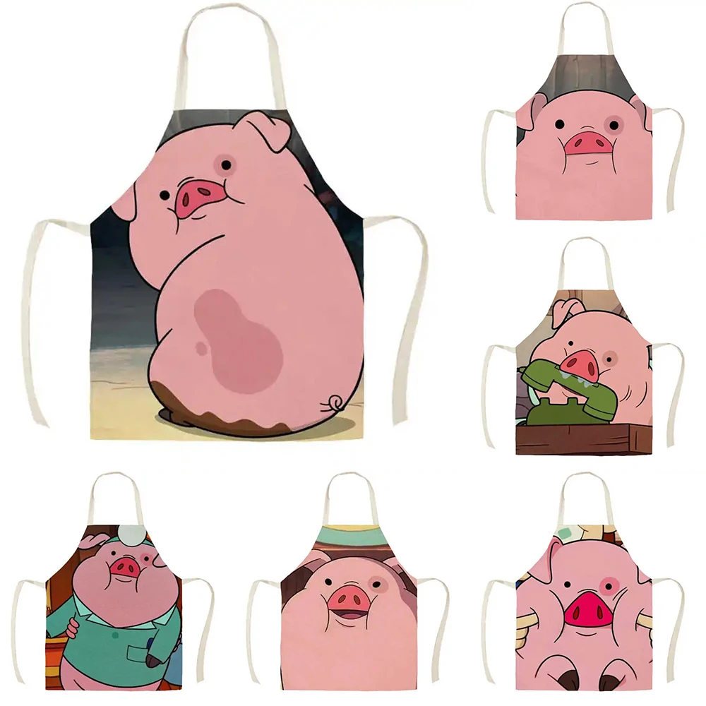 Cartoon Pink Pig Pattern Kitchen Sleeveless Apron Home Cooking Baking Apron Cleaning Linen Parent-child Outfit