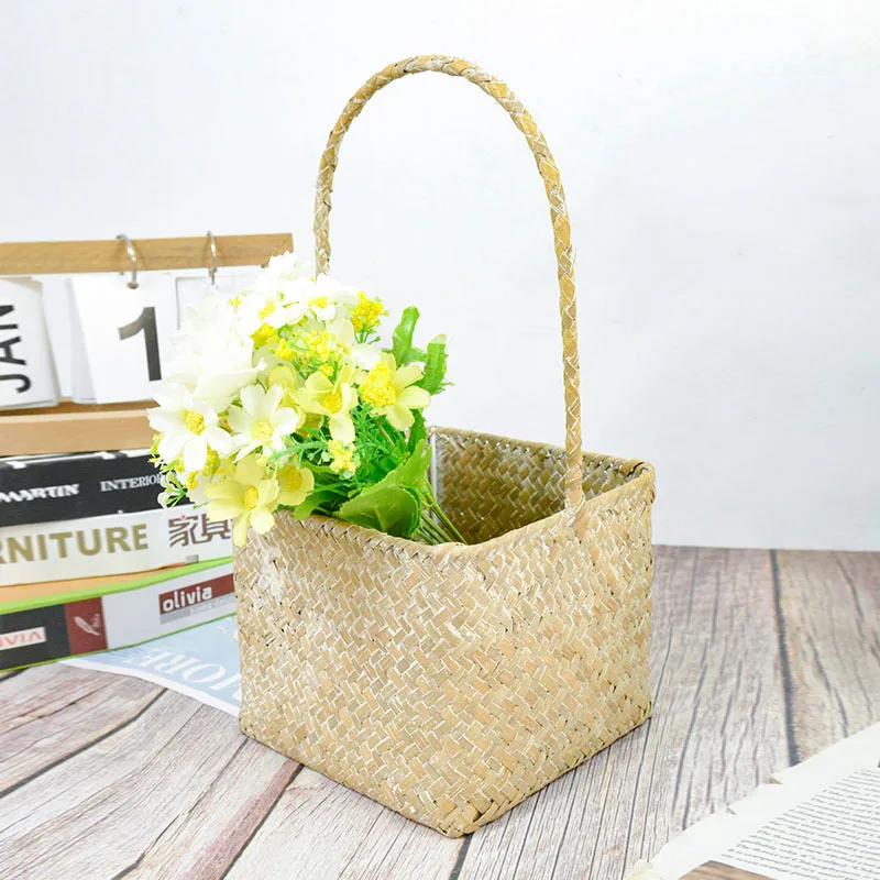 

Sea Grass Woven Wedding Handles Flower Baskets Square Shaped Grass Woven Hand-held Flower Baskets