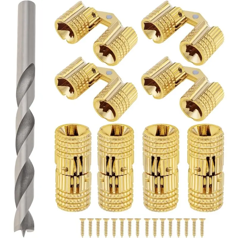 A76K DIY Hand Craft For Wooden Box 8Pc 8 Mm Brass Hinges With 8 Mm Drill Bit, 180 Degree Open Angle For Jewelry Ring Box