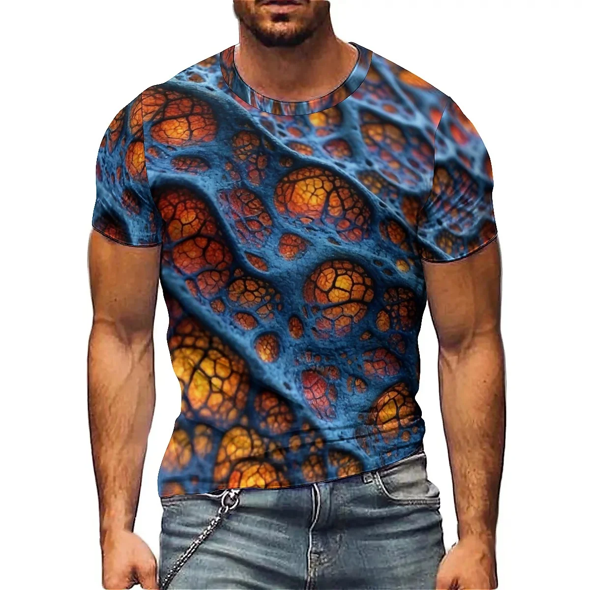 Men's Retro Design Full Body Printed 3D Round Neck T-shirt, New Couple's Colorful Dynamic Ink Splashed Gym Exercise Running Ligh