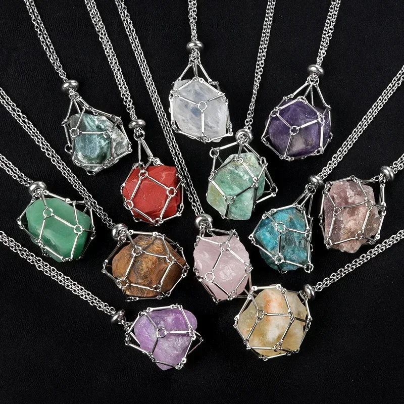 6pcs Designer Crystal Cage Holder Net Metal Chain Raw Stone Necklace Collecting Holder Adjustable Pendant Necklace Jewelry