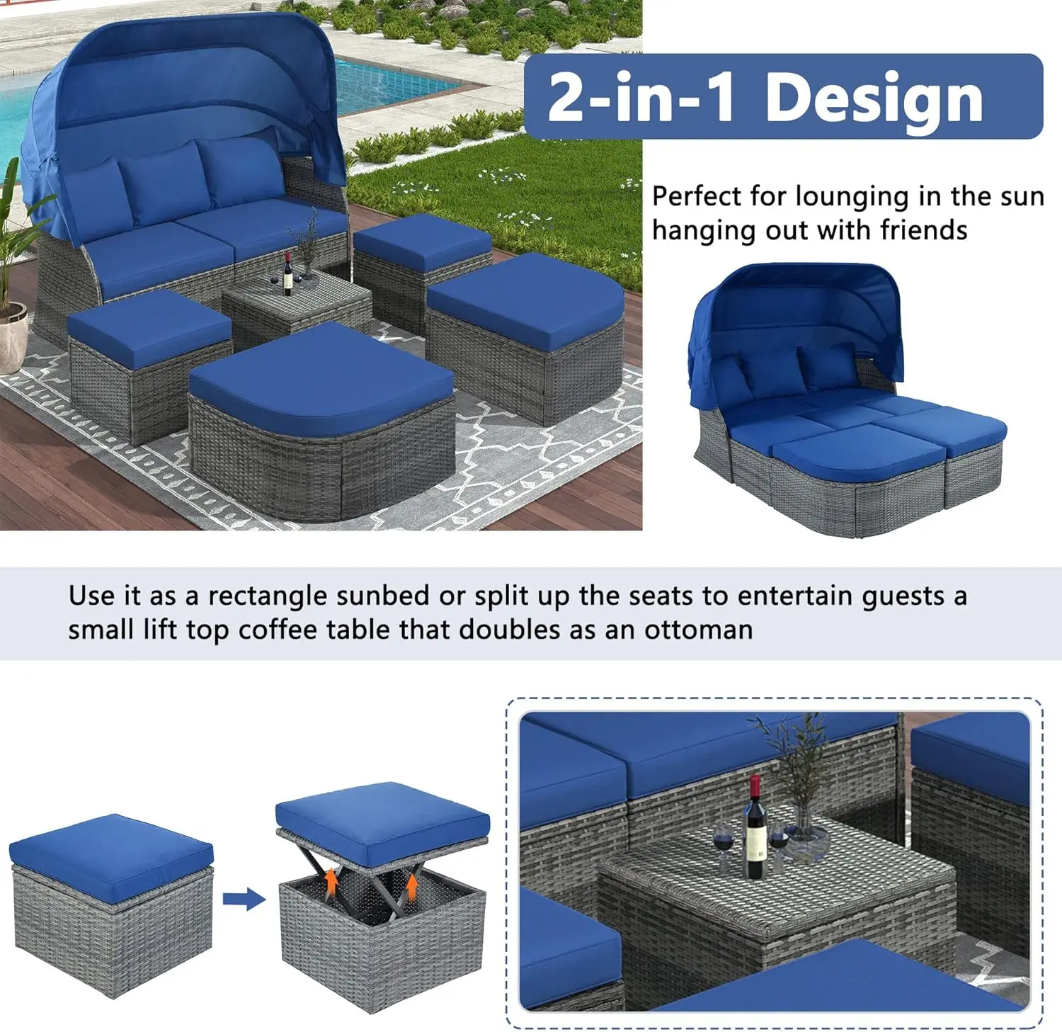 Patio Furniture Set Daybed with Lift-top Table & Retractable Canopy, Wicker Rattan Outdoor Conversation Set w/Upholstered