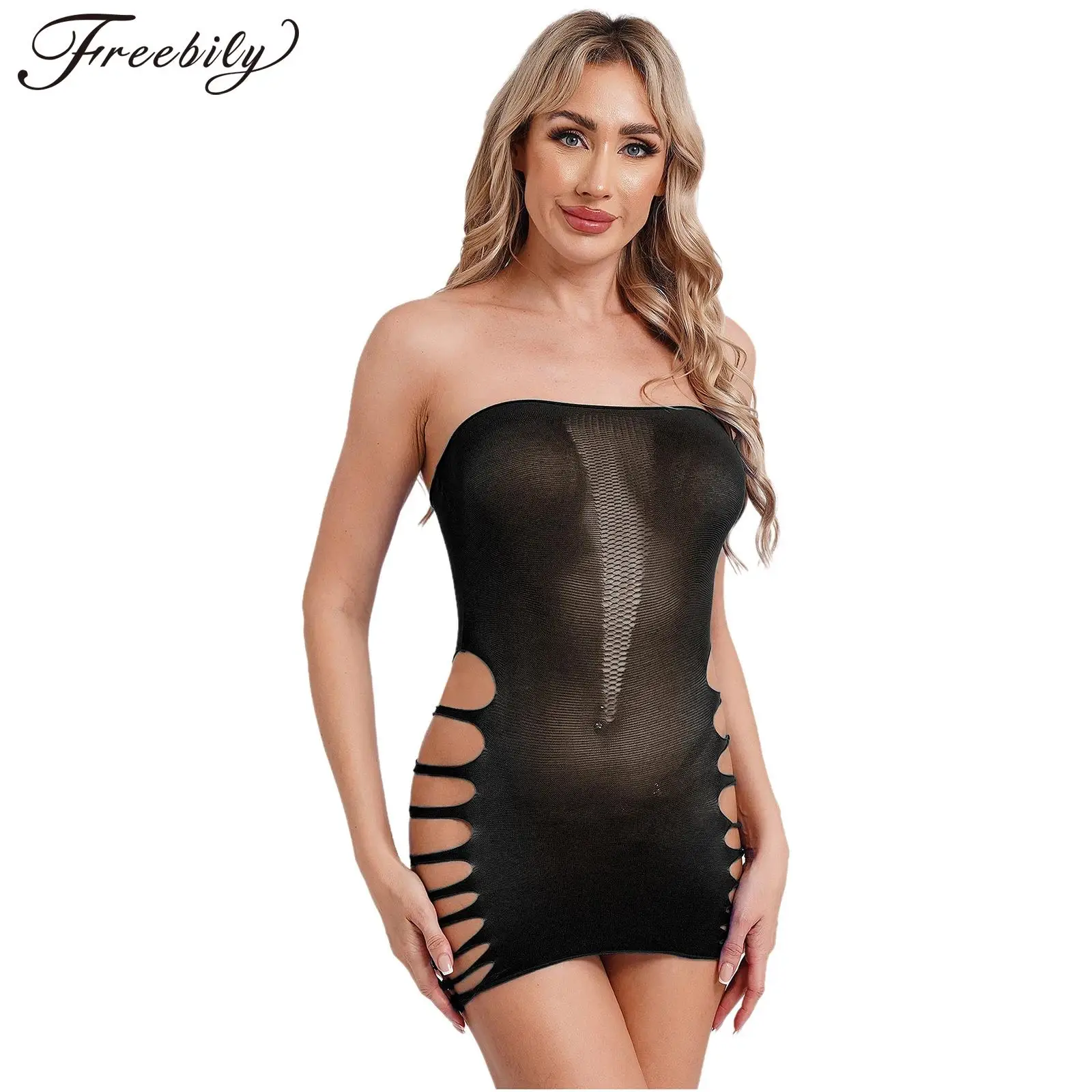 

Womens Sexy See Through Mesh Bodycon Dress Summer Strapless Strappy Cutout Hip Wrap Mini Dress Bikini Swimwear Cover-up Clubwear