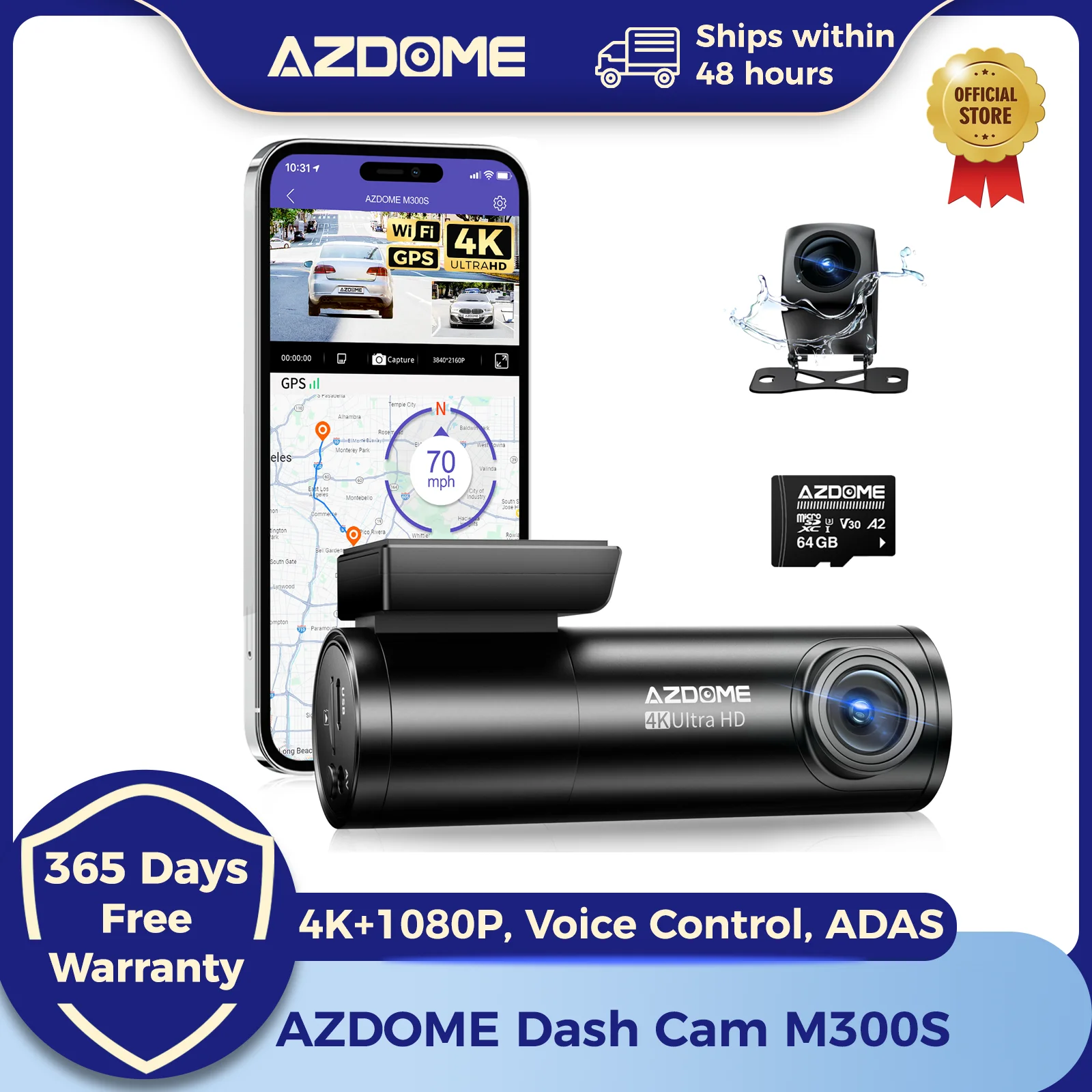 AZDOME M300S 4K Dash Cam Front and Rear, Built-in ADAS WiFi GPS Dash Camera for Cars, Free 64GB Card, Voice Control, Night Visio