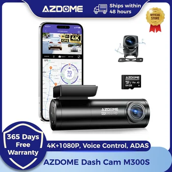 AZDOME M300S 4K Kamera samochodowa przednia i tylna, wbudowany ADAS, WiFi, GPS, darmowa karta 64GB, sterowanie głosowe, noktowizja