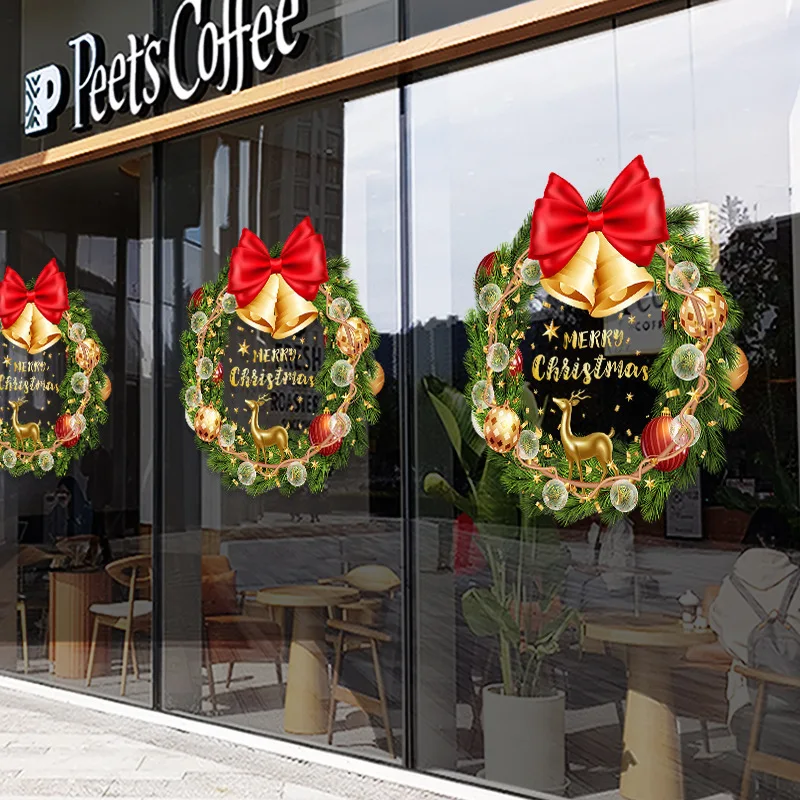 Christmas Wreath Window Stickers Noel Bow Bell Electrostatic Glass Sticker Merry Christma Decor Happy New Year 2026