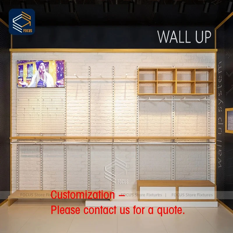 

custom.Custom Retail Fixtures Wooden Metal Wall Mounted Display Rack Clothing Display Furniture Unit
