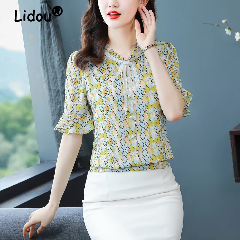 Women\'s Korean Fashion Print Ruffle Lace Up Blouse 2024 New Summer Elegant Short Sleeve Shirt Chic Slim Sweet Tops Casual Blusas