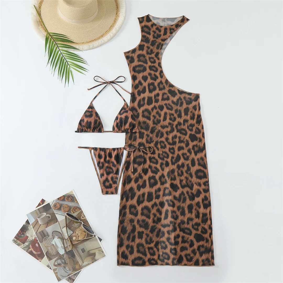 XS - XL Neckholder-Bikini mit Leopardenmuster und passendem Überwurf, Damen-Badeanzug, dreiteiliges Bikini-Set, Badebekleidung, Badeanzug, Modell V5452 – Detail 12