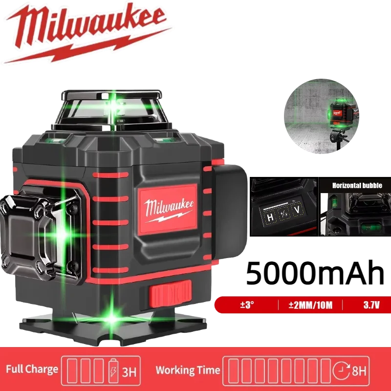 ميلووكي 4 جوانب * 360 درجة عمودي 4.2 فولت 3-4D مستوى الليزر شعاع أخضر 16 خطوط التسوية الذاتية العمودية عبر خط ليز #1