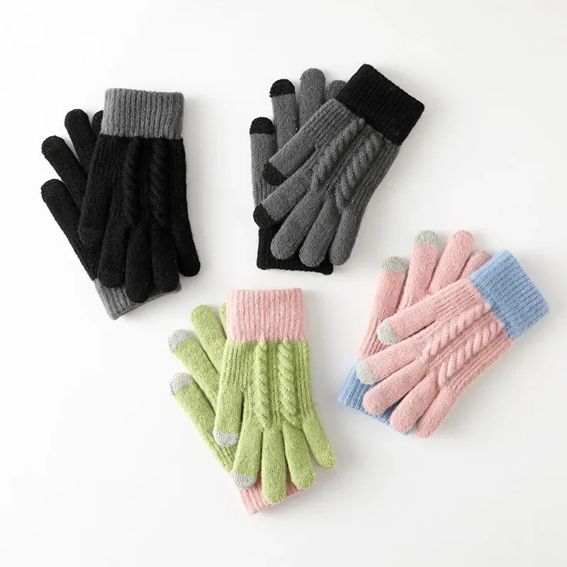 Winter Thermal Gloves Men Women Thick Fleece Lined Full Finger Knitted Cable Touchscreen Cycling Gloves for Outdoor Sports