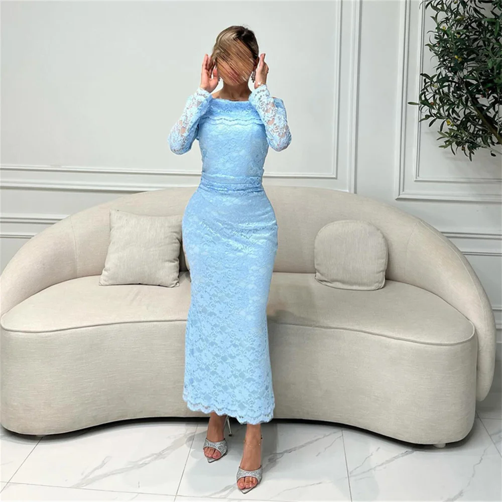 

Tarot Sky Blue Lace Long Sleeves Prom Dresses Appliques Sheath Dinner Party Dress O-Neck Ankle Length Saudi Evening Gowns 2024