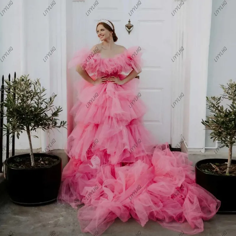 Luxury Romantic Pink Wedding Gown Off Shoulder Lush Tiered Party Dresses Women Fluffy Tulle Bridal Count Train Evening Dress