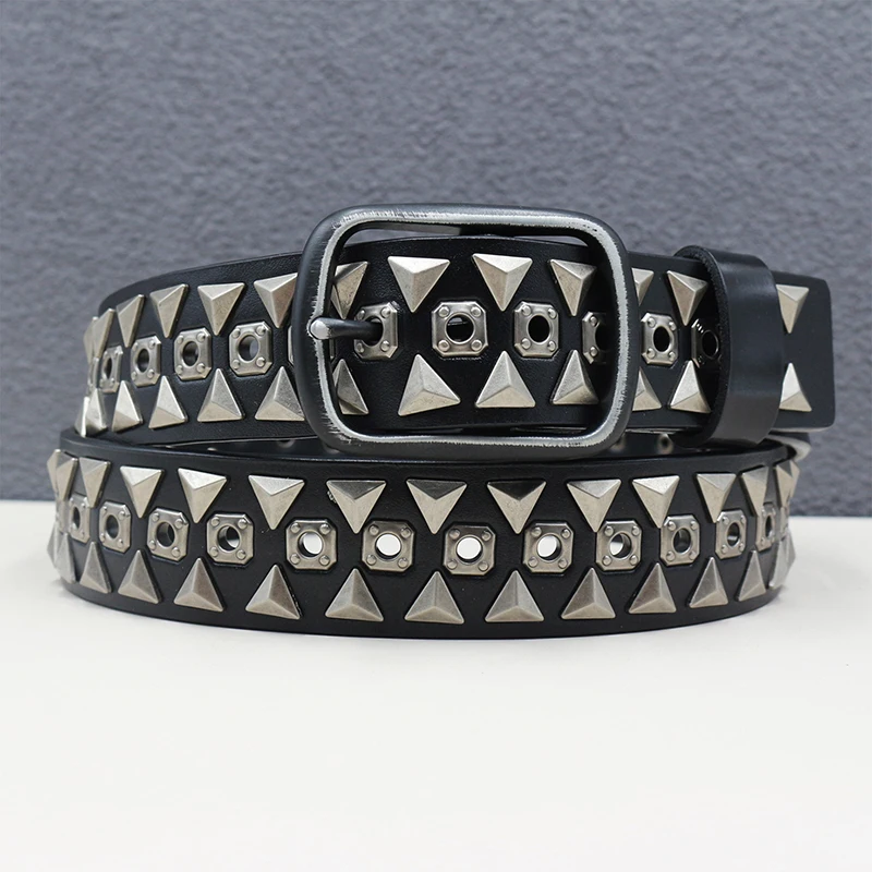 

men's fashion punk goth triangle rivets belts soft leather studded belt designer pin buckle waistband womens motorcycle strapon