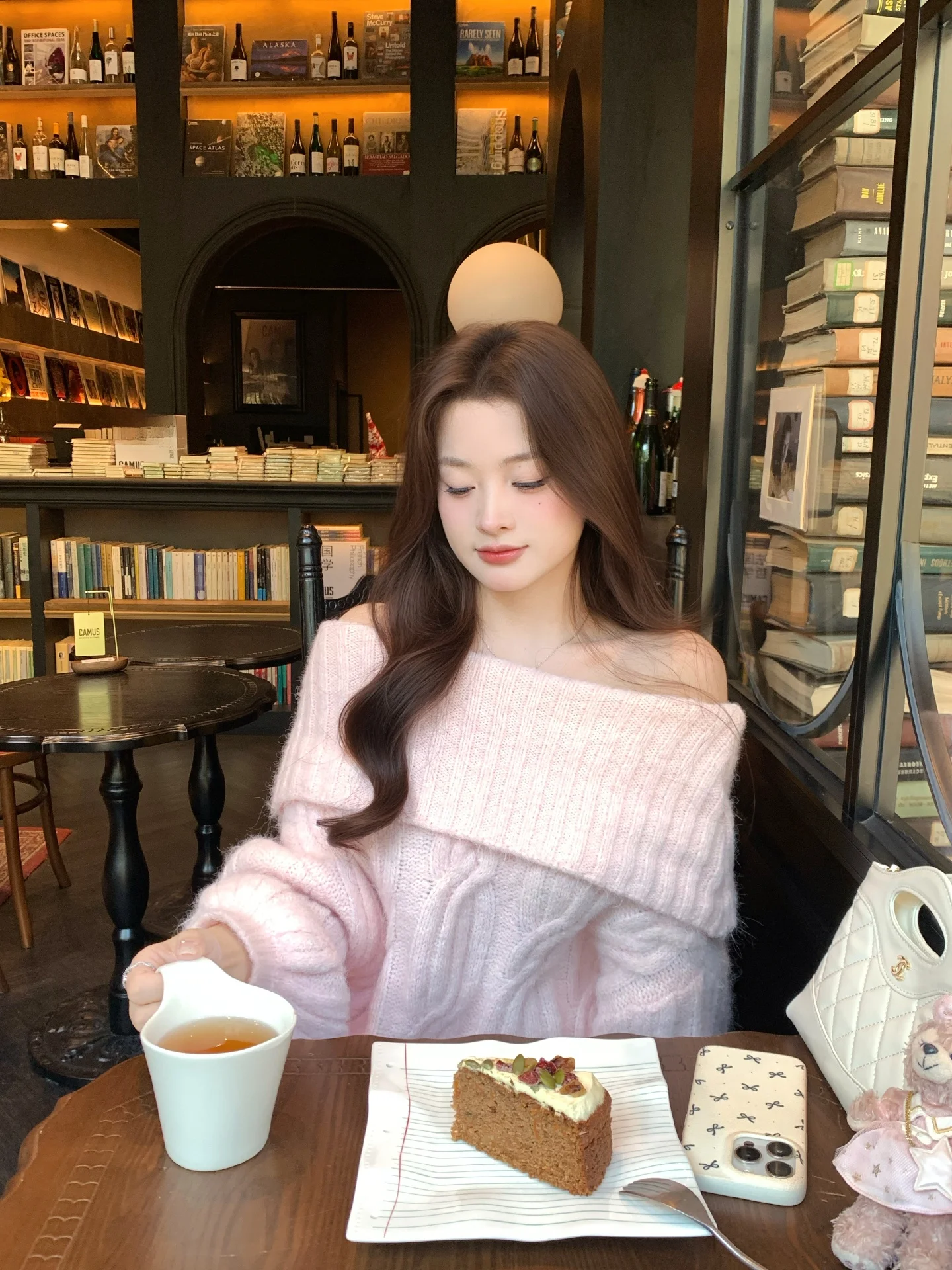 

Banana oulder Bared Knitted Sweater Women Winter Loose Fit Sweet Sle Long Sve mid Length Pure Color Knitted Top
