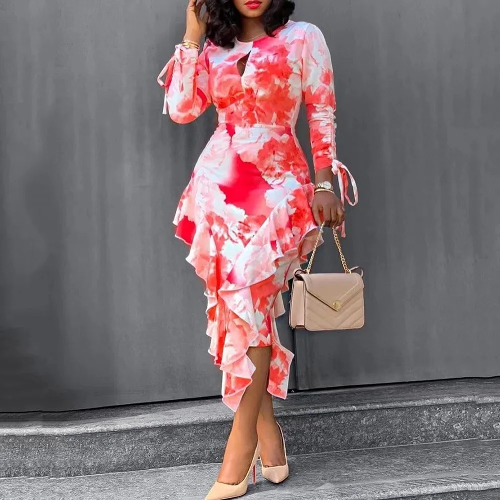 

SKMY 2025 Y2k Clothes Women Autumn New Fashion Hollow Out Casual Printed Ruffles Patchwork Wrapped Hip Long Sleeve Dress