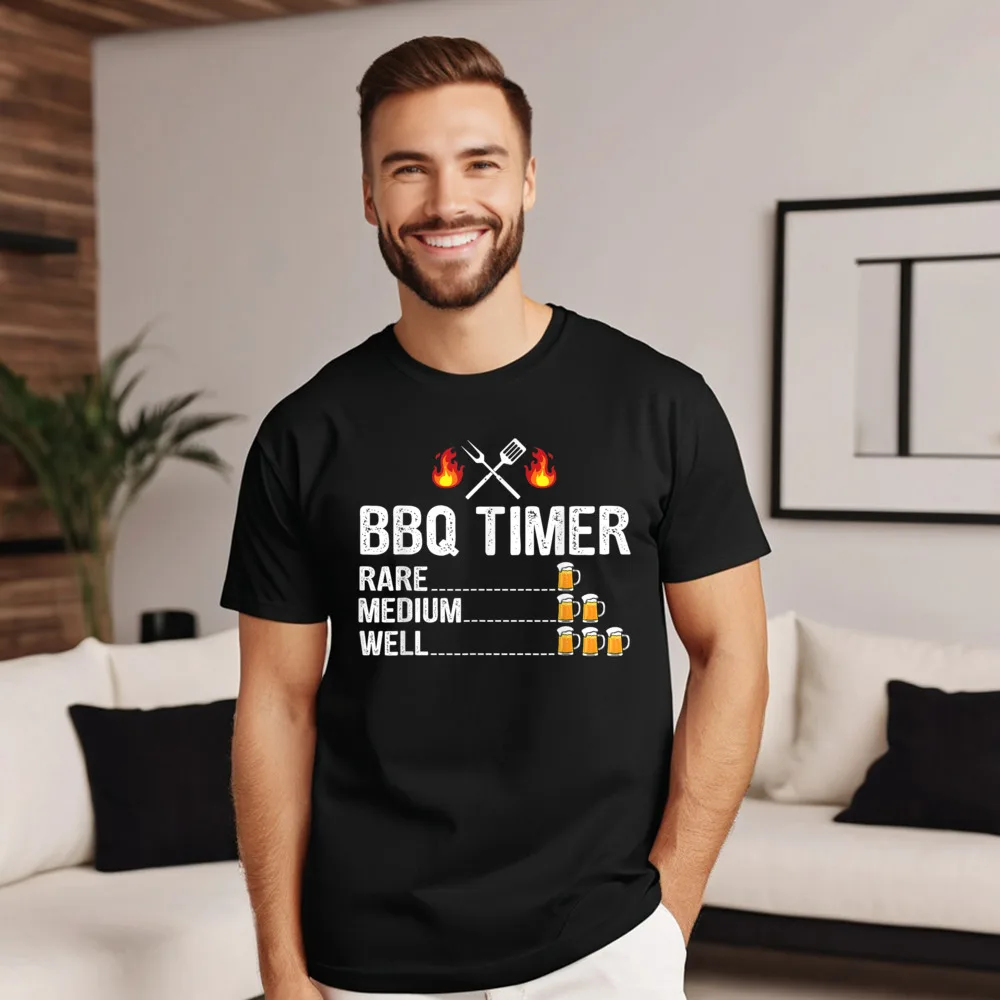 Short Sleeve Autumn Crew Neck 100% Cotton Youth T Shirts BBQ Timer Barbecue Drinking Grilling Family Tops Tees Graphic