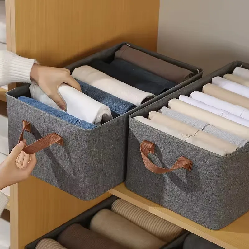 1Pc Grey Folding Storage Basket Linen Storage Fabric Wardrobe Office Bedroom Closet Toys Laundry Basket With Handle