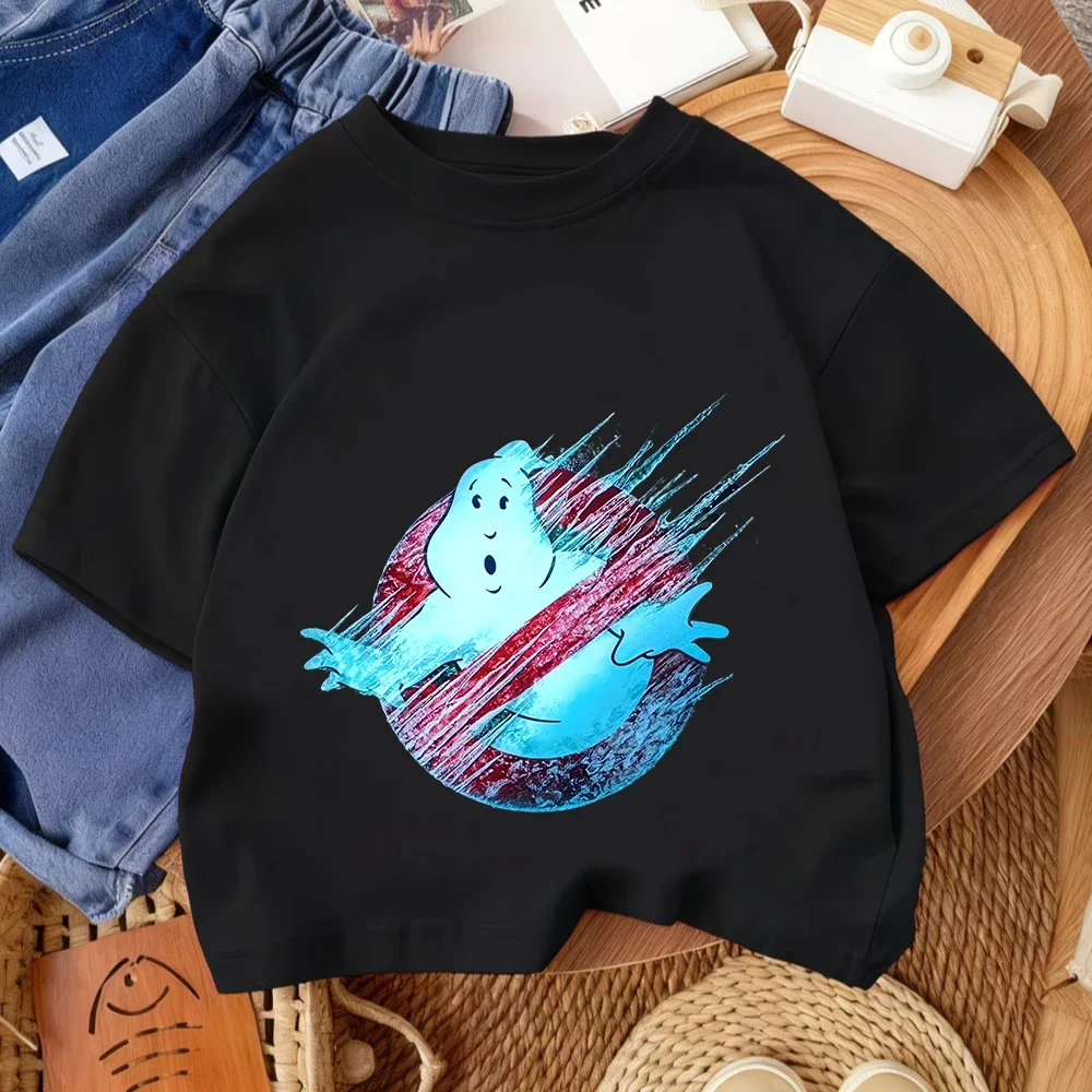 

Футболка с героями мультфильмов для мальчиков и девочек, милый летний детский модный уличный наряд Ghostbusters Kawaii 2026, возраст 3-14 лет
