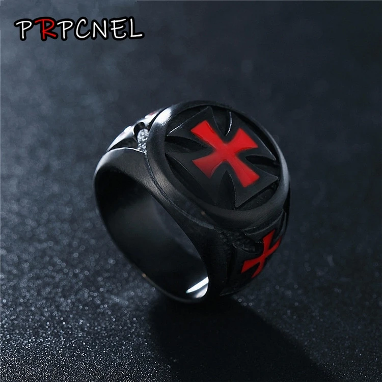 Men\'s Rings Black color Stainless Steel Red Armor Shield Knight Templar Crusader Cross Ring Punk Jewelry Drop Shipping