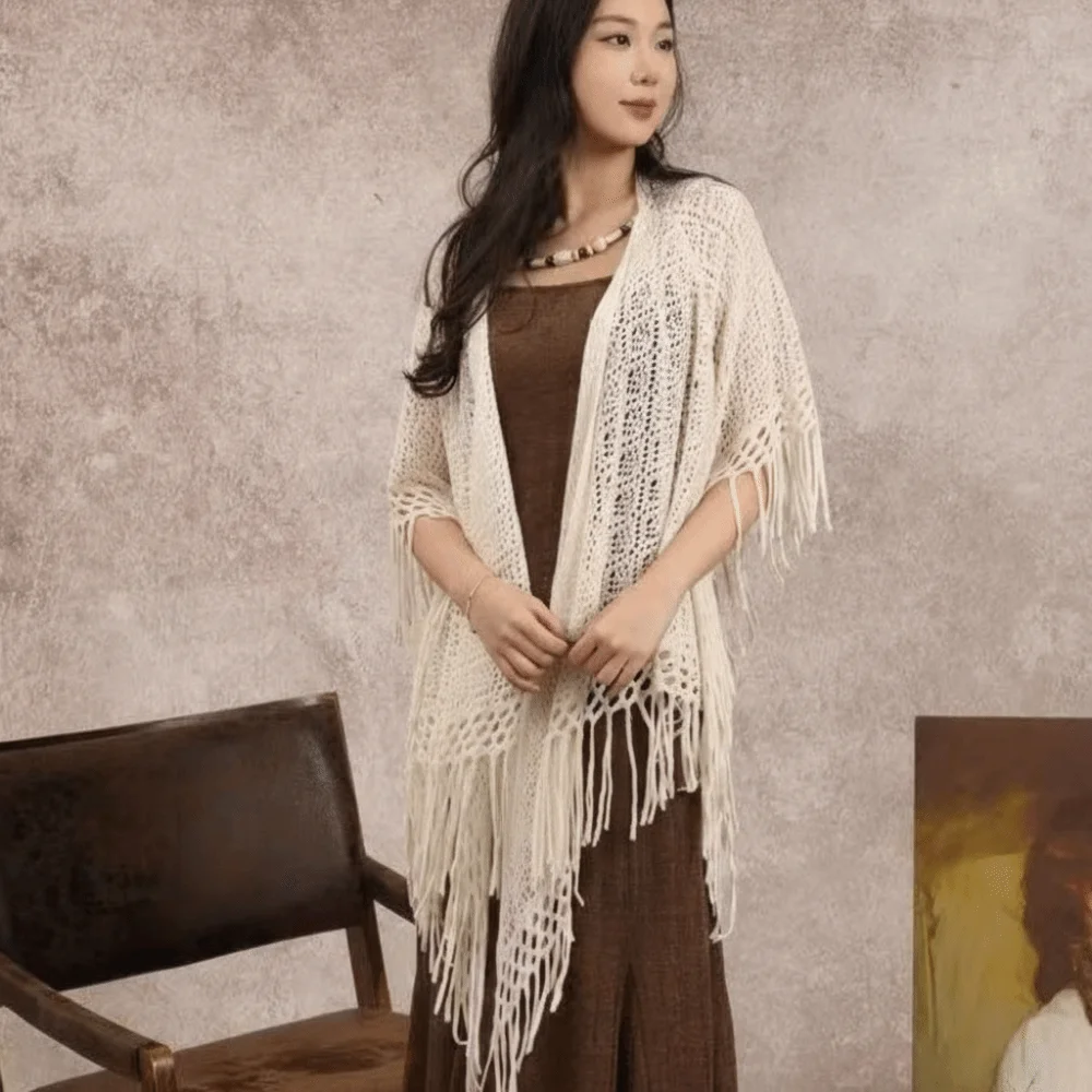 Elegant Solid Color Women's Shawls Handmade Hollow Tassel Scarf Cheongsam Accessories Floral Fringes Wraps Girl