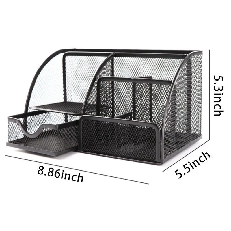 Mesh Desk Organizer Pen Holder, Accessories Storage Caddy With 6 Compartments, And Drawer Office Supplies Gift (1 PCS)