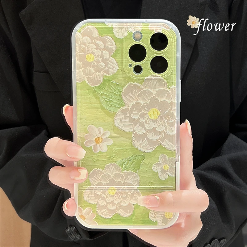 Green Oil Painting Flowers Phone Case for Iphone 15 14 13 Pro Max Painted Bracket Phone Covers Rose Light Luxury Back Case Funda