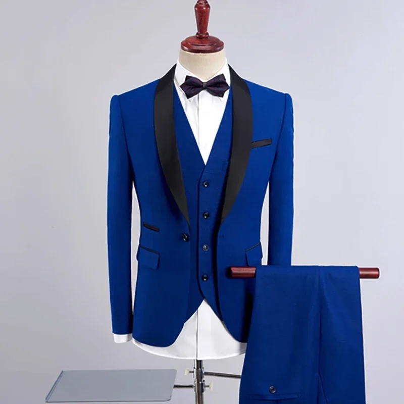 

Blue Formal Wedding Elegant Men Suit Groom Tuxedo Prom Shawl Lapel Slim Fit Blazer High Quality Custom 3 Piece Set Costume Homme