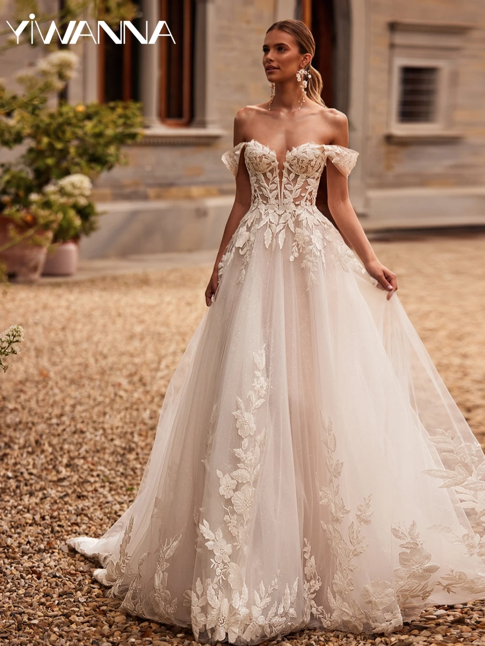 

Glitter Lace Appliques A-line Long Wedding Dress Dreamy V-neck Off Shoulder Bridal Gown Customized Graceful Dresses For Bride