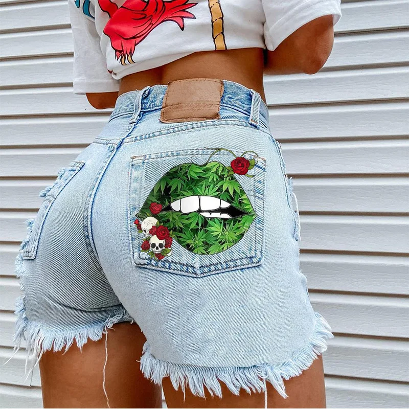 

Women's Denim Shorts Summer New Fashion Lip Print Quality Hip Hop Casual Plus Size Shorts