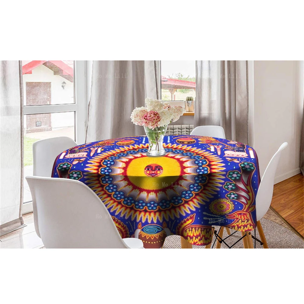 Huichol Indian Yarn Painting Mexican Folk Art Deer Tribal Ethnic Sacrificial Ceremony Sun God Polyester Round Tablecloth