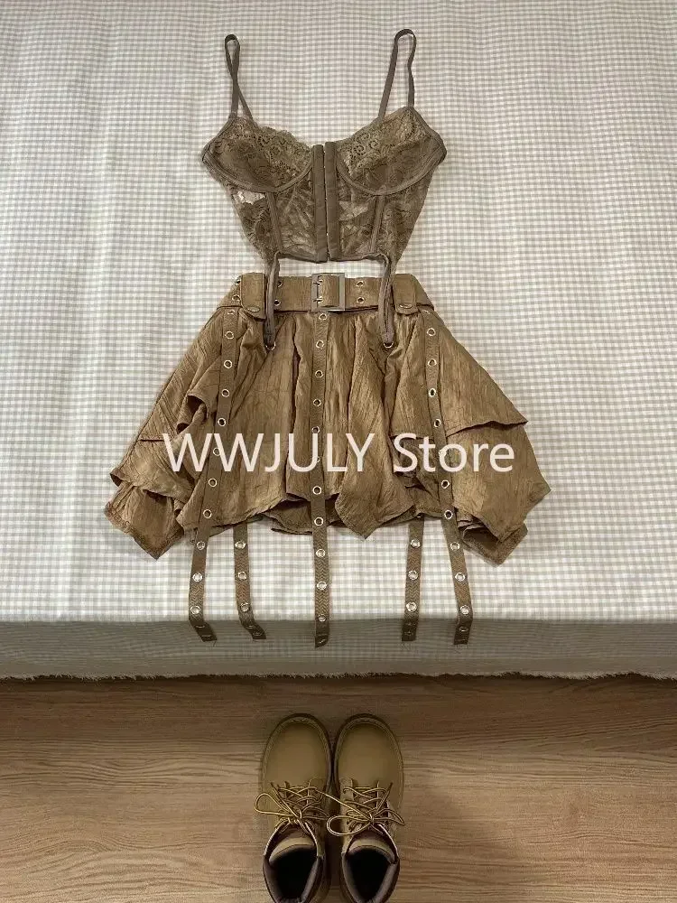 Harajuku Vintage Fashion 3 Piece Set Woman Short Cardigan + Slim Vest + Y2k E-Girl High Waist Skirt Hot Girls Korean Style Suit