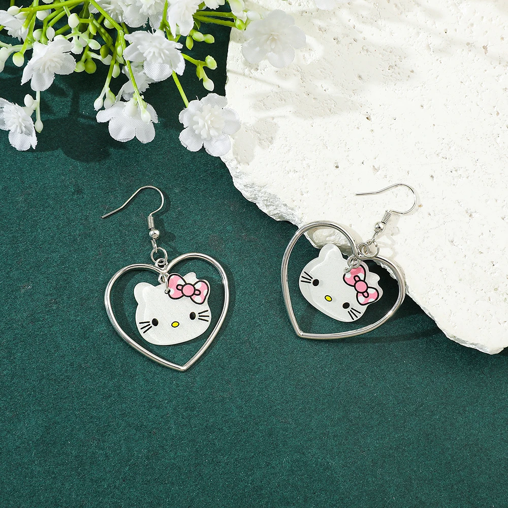 

Hello Kitty Heart-Shaped Hollow-Out Cat Ear Stud Earrings Sweet Fashion Jewelry Accessory for Girls Ideal Festival Gift