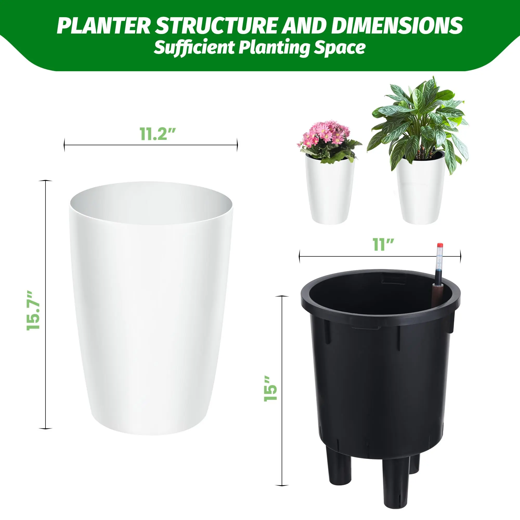 16 Inch Tall Self Watering Planters Set Of 2 With Water Level Indicator, Drainage Reservoir Indoor Outdoor Flower Pots For Patio Porch