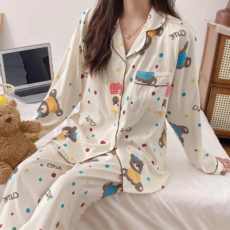 Plus Size Fall and Winter Polka Dot Bear Spring and Autumn Pajamas Cute Long Sleeved Pants Korean Version Women's Sleepwear