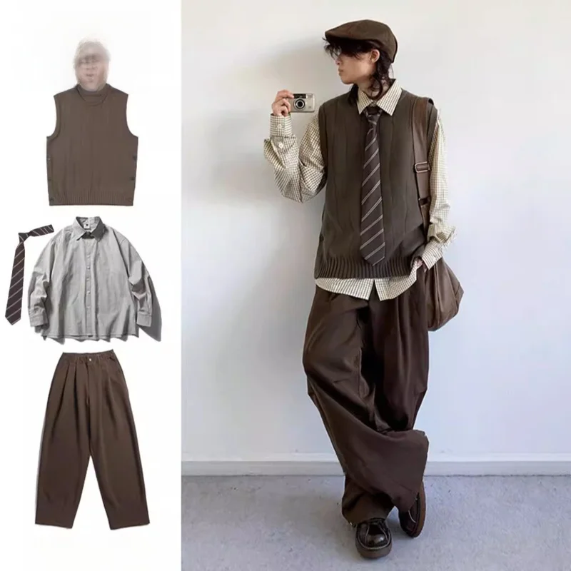 

Женский свободный вязаный комплект из четырех предметов: жилет, топ и другие аксессуары в японском винтажном стиле для осени и зимы