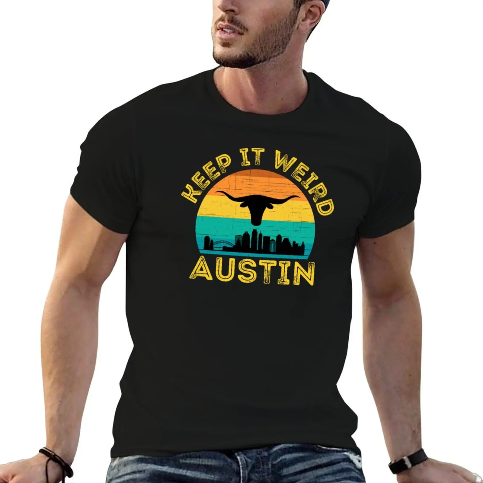 

Vintage Austin,Texas Keep It Weird Longhorn Sunset T-Shirt t shirt man cotton t shirts for man cotton T-Shirt