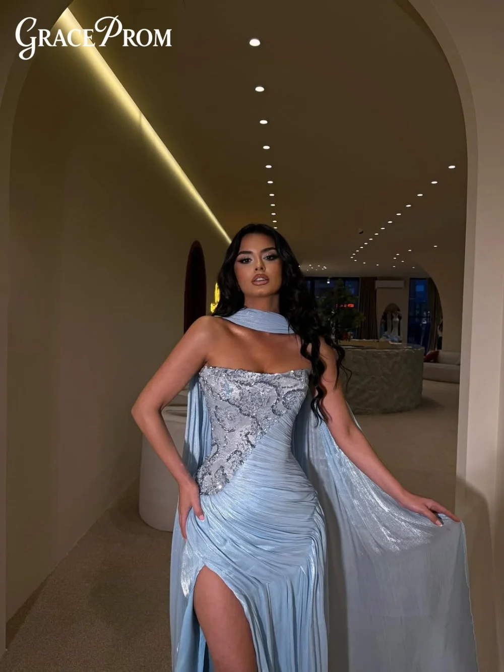 

Luxury Light Blue Metallic Sequin Gown 2026 Formal Dress Beaded Prom Gown with Capelet for Wedding Guest Gala Red Carpet Events