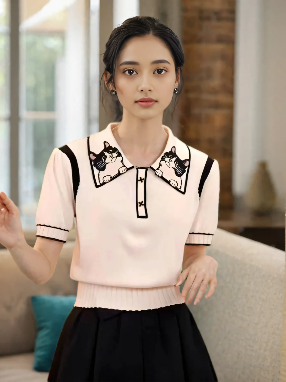 Women Sweater Summer Spring Cat Embroidery Short Sleeve Knit Pullover Chic   Korean Popular Clothes