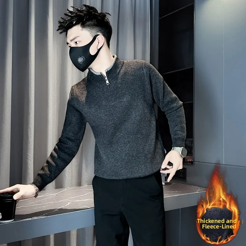 

Men's Zipper Fce Lined Thiened f High Collar Knitted Sweater Slim Fit S XS Size Warmth Student Knitwear Casual Wear