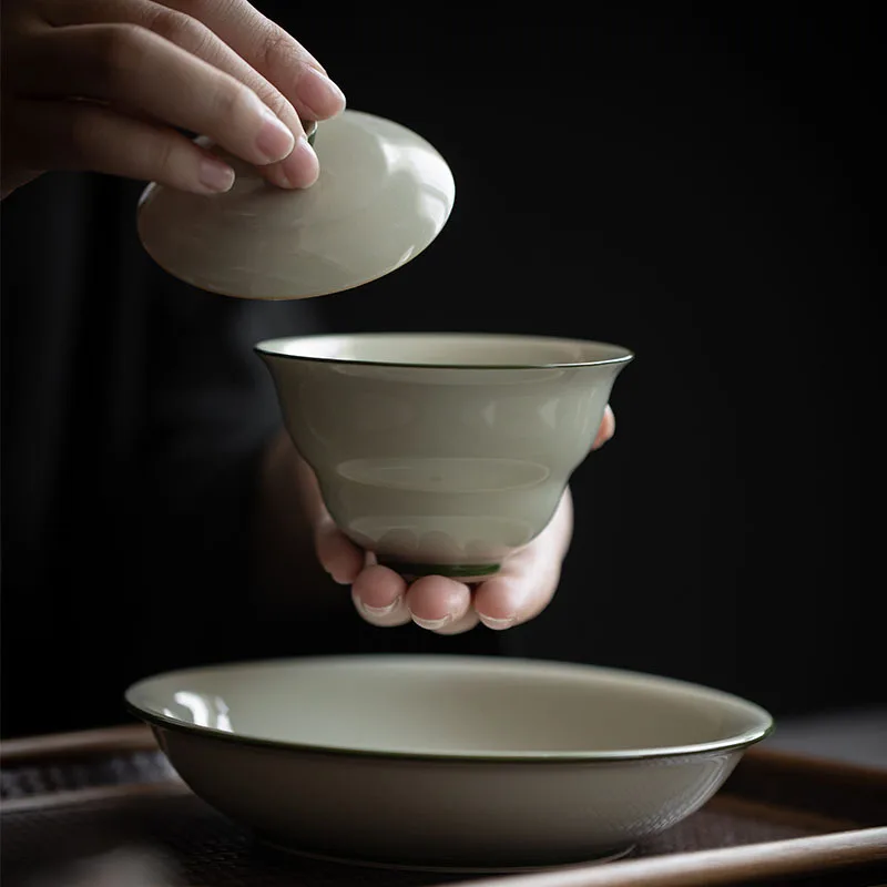 Ash Glaze Gourd Lid Secret Green Antique Style Elegant Ceramic Kung Fu Set Tea Room Brewing Bowl